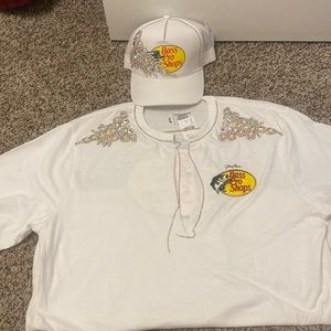 Custom blinged out white bass pro shirt and hat set